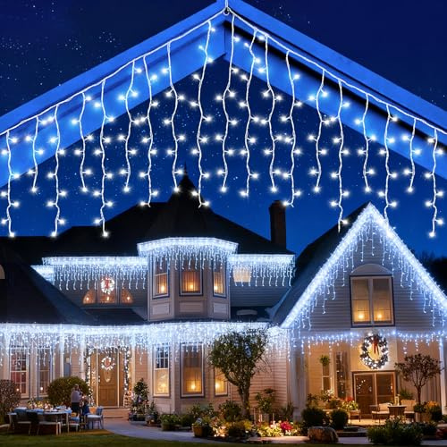 KALAHOL Icicle Outdoor Christmas Lights, 7.5M/24FT 300 LED Icicle Lights Cool White Decorations, IP44/Remote/8 Modes/Memory/Timer Outside Fairy Lights, Christmas Outdoor Lights for Xmas Bedroom Party