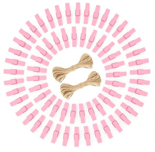 jijAcraft Baby rosa mollette in legno 3,5 cm: piccole mollette in legno per foto, 100 mollette per foto con filo di iuta da 20 m, per fai da te, per matrimonio, compleanno, cameretta dei bambini