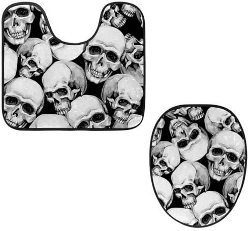 VAPOKF Lot de 2 tapis contour WC en forme de U et housse pour abattant de WC, tapis de salle de bain en flanelle douce et antidérapante, motif tête de mort noir et blanc