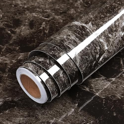 LACHEERY Möbelfolie Selbstklebend Schwarz Braun Folie für Möbel Marmor 60cm x 400cm Klebefolie Arbeitsplatte Küche Marmoroptik Vinyl Küchenfolie Wasserdicht Mamorfolie für Tisch Schränk Fensterbank