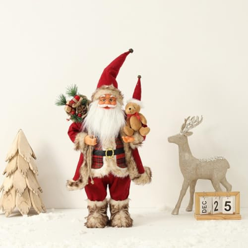 Surakey 18 in Santa Claus Decorations, Christmas Standing Figurine Ornaments with Bear & Gifts Bag and Socks for New Year, Santa Claus Christmas Figurine Figure Decoration, Belt Style