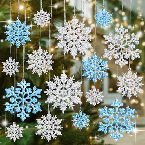 36 Stück Schneeflocken Weihnachtsbaumschmuck,Glitzer Weihnachten Deko,Christbaumschmuck Anhänger,Weihnachtsanhänger für Kamin,Fenster,Tischdeko