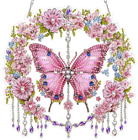 MAXBYE Diamond Painting Art Hanging Pendant Kits Adults, Pink Butterfly Garland Crystal Ornaments with Chain, DIY Gem Special Shaped Pendants Art Craft Decoration for Home Wall & Window 20x20cm