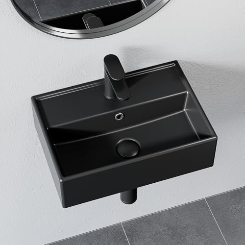 HOROW Schwarz Aufsatzwaschbecken mit Hahnloch, Kleines Waschbecken Gäste WC | 45 cm Handwaschbecken mit Überlauf Modernes Waschbecken Keramik Badezimmer Wandhängend