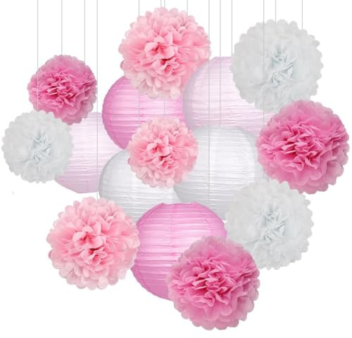 Didabotak Faroles de papel rosa, 15 pompones de papel de seda, decoraciones de fiesta de flores para baby shower, boda, San Valentín, fiesta de cumpleaños