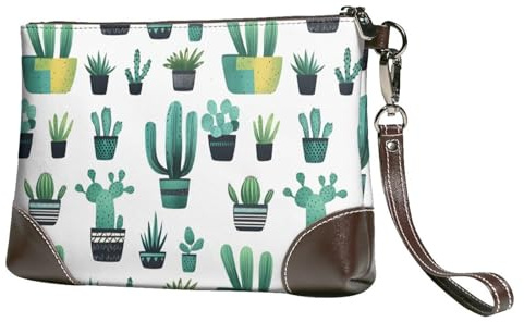 Novastar Small Clutch Purses for Women - Succulent Cactus Plant Print Leather Fashion Wristlet Wallets with Wrist Strap