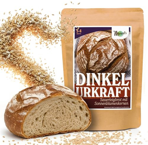 Marcel's Brotbackmischung Dinkel Urkraft (1200g - für 3-4 Brote) – 100% Sauerteigbrot mit Urgetreide & Sonnenblumenkernen | Zubereitet in 1 Minute| Mild, Vegan & natürlich | Ohne Weizenmehl