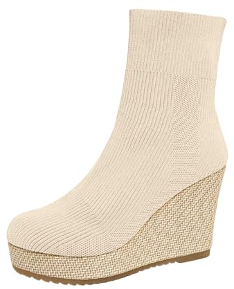 BIBOKAOKE Botines de tacón de cuña para mujer, de ante para otoño, invierno, cortos, tacones altos, plataforma, botines elegantes, para mujer, botines para mujer, Style F01 Beige, 37.5 EU