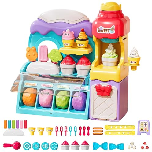 43-Piece Dream Ice Cream Shop DIY Playset - with Ice Cream Maker Model, 6-Color Clay & Molds, Pretend Role Play, Safe ABS Material, Creative Gift for Girls 3-8 Years Old