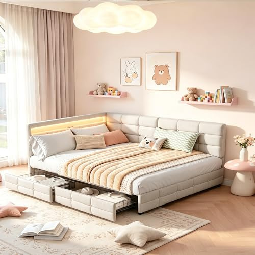 Polsterbett Jugendbett 140x200 mit Stauraum Schlafsofa Tagesbett mit LED-Beleuchtung ＆ USB, Kinderbett Doppelbett mit 2 Schubladen, Cabriolet Eckbett Gästebett Daybett Bettgestell mit Lattenrost