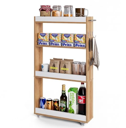 Rollwagen, Nischenregal 13cm breit, 4 Ebenen Küchenwagen, Schmal Nischenwagen mit Griff und 3 Haken, Servierwagen Schmal, Aufbewahrungswagen für Küche, Bad, Wohnzimmer, Arbeitszimmer Weiß (Holzfarbe)