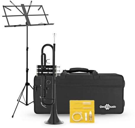 Gear4music, Anfänger-Trompetenpaket für Schüler, schwarz | Enthält Ständer Koffer und Pflegeset, Mittel-Weite Bohrung für Einfache Ansprache, Verstellbarer Ring, Schwarz