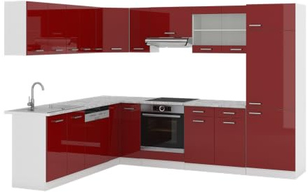 Vicco Eckküche R-Line, Rot Hochglanz/Weiß, 287 x 60 cm, AP Marmor