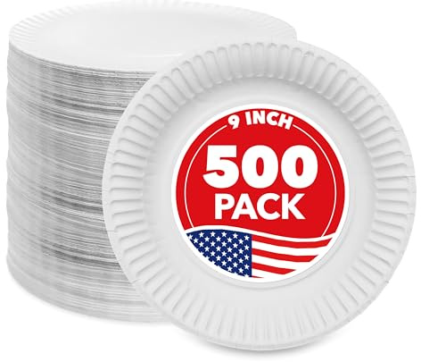 Stock Your Home 9-Inch Paper Plates Uncoated, Everyday Disposable Plates 9 Paper Plate Bulk, White, 500 Count