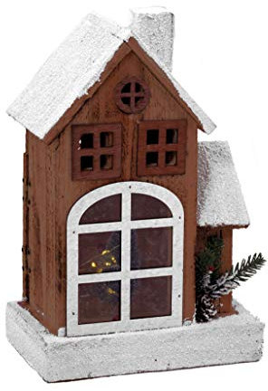 Spetebo LED Holz Weihnachts Haus mit Schneedach - 29 cm - Lichterhaus Tisch Fenster Deko beleuchtet mit weihnachtlichem Zierschmuck