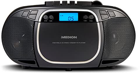MEDION E66476 Stereo Sound System (Boombox, CD-Player, MP3, Kassette, tragbarer Kassettenspieler für Kinder, UKW Radio, AUX, Kopfhörer, Netz & Batterie) schwarz