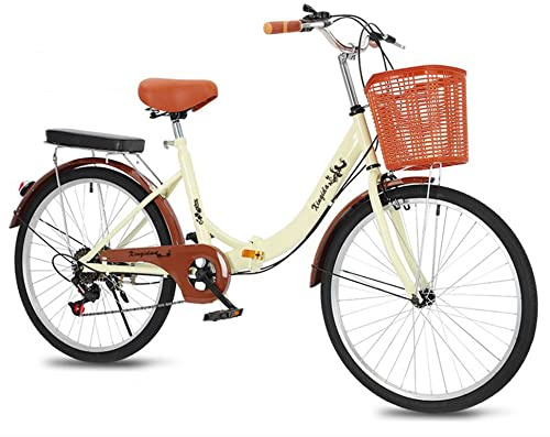XQIDa durable Klapprad 24 Zoll City Fahrrad Retro Vintage Citybike 6 Gang schaltwerk,Verstellbarer Sitz handhaben+ Rücklicht und Korb+GlockeGeeignet für Erwachsene und Jugendliche（Creme Farben）