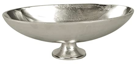 ETC dekorative elegante stimmungsvolle Aluminium-Deko-Schale auf Fuß oval schmal und lang (klein), Silber