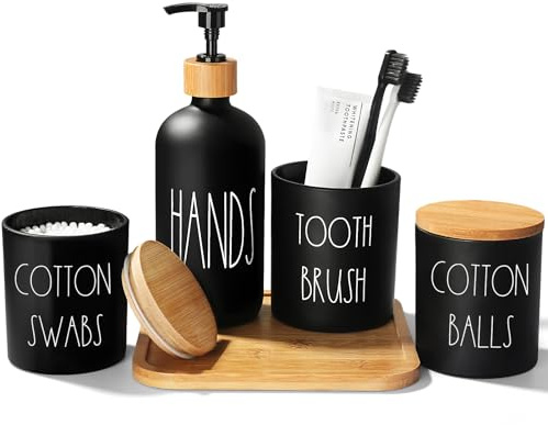 ALPIRIRAL Matte Black Bathroom Accessories Set, 5 Pcs Glass Bathroom Accessory Set with Bamboo Tray, Soap Dispenser and Toothbrush Holder Set, Qtip Holder Set, Farmhouse Boho Bathroom Set Complete
