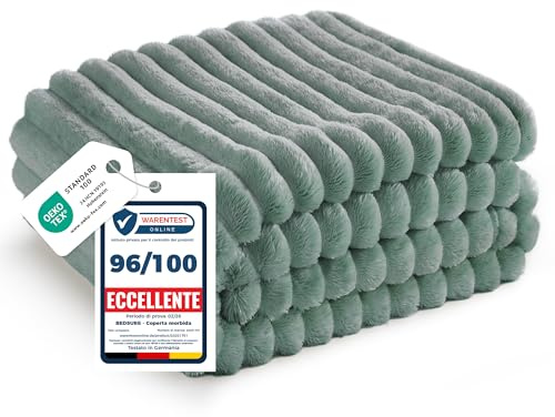 Bedsure Manta Sofá Polar Suave - Manta Gruesa y Esponjosa para Cama y Sofá, Cálida y Acogedora para Invierno, Diseño de Rayas Anchas, XL 150 x 200 cm, Verde