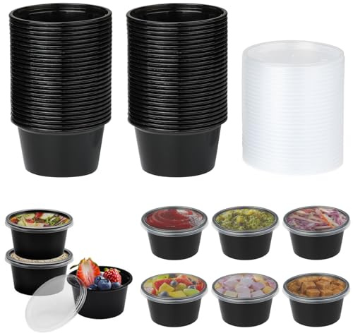 Jogoico 50 Piezas Tarros de Plastico con Tapa 4OZ Botes con Tapa Hermética | Envases Pequeños Recipientes Comida para Salsas, Condimentos, Sopas, Snacks, Microondable, Reutilizable