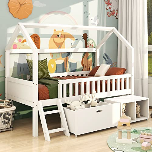 LINTAIZUO Hausbett, Kinderbett Jugendbett 200x90 Mit Leiter Schubladen und Ablagefächern, für Mädchen, Jungen, Jugendliche, einfach zu montieren, Weiß