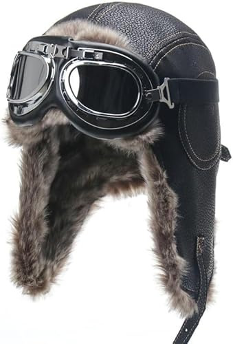 Warme Wintermützen, Pilotenmützen, Fliegermütze, Herren-Wintermütze mit Schutzbrille, Outdoor, Motorrad, winddicht, warm, Kunstfell, Pilotenmütze mit Ohrenklappen, Leder, Thermo ( Color : Black with g