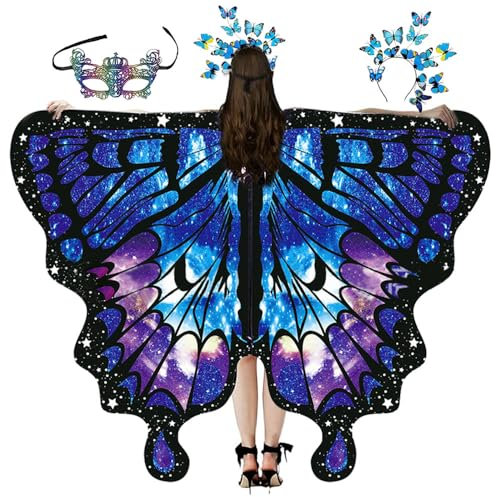 Schmetterling Kostüm Damen,Schmetterlingsflügel Erwachsene,3-teiliges Set Schmetterling Umhang,Schmetterling Damen Umhang,Schmetterlingskostüm Flügel Cosplay Fasching Skostüme für Karneval