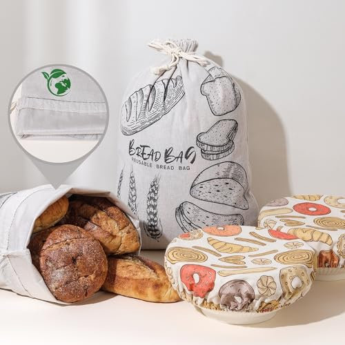 Lot de 4 sacs à pain réutilisables de qualité supérieure pour pain et levain faits maison avec couvercles résistants au pain, sacs de rangement pour pain en lin avec doublure en plastique – Sacs