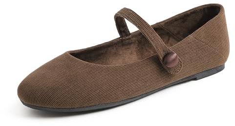 Feversole Mary Jane Samt Damenschuhe Flache Pumps geschlossen Bequeme Schuhe Braun Kord 39 EU