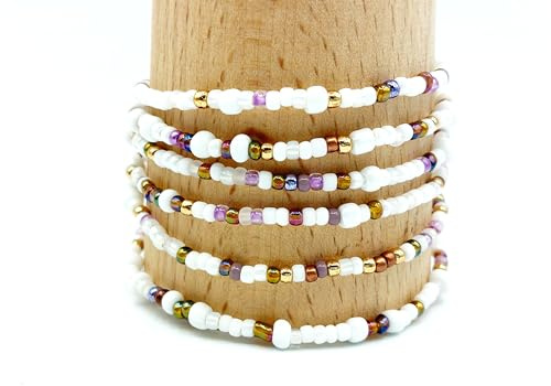 Generisch Wickelarmband weiß bunt 6 Lagen elastisch Armband ohne Verschluss lange Kette Wickelkette