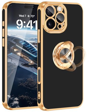 Fingic for iPhone 16 Pro Case 360° Rotatable Ring Holder Kickstand Slim Fit | Support Car Mount Plating Shiny Gold Edge Soft TPU Shockproof Protective Phone Case for Women Men (6.3 inch, 2024), Black
