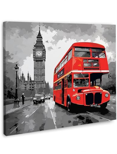 Big Ben Schwarz weiß roter Bus Leinwandbild Wandbild Kunstdruck XL Wanddeko Größe 40x40x2cm