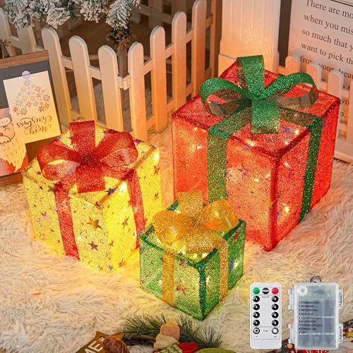 Arespark Set di 3 Luci Scatola Regalo Natalizie, 50 LED Regalo Luminosi Natale con 8 modalità Luminose, IP44 Illuminate per Albero di Natale, Vetrina, Finestre, Giardino, Decorazioni Natalizie