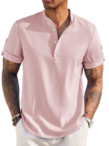 COOFANDY Camicie a Maniche Corte da Uomo Camicia da Spiaggia Estiva Camicie Casual da Uomo Camicia da Lavoro vestibilità Regolare Rosa XXL