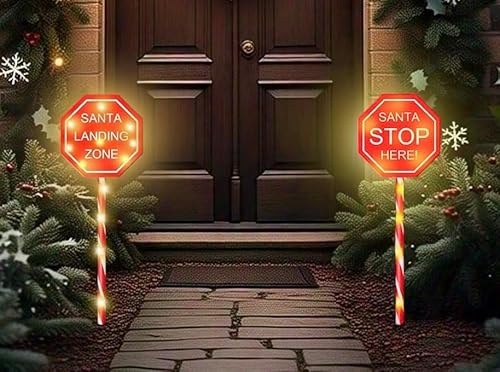 ADEPTNA Papá Noel iluminado de Navidad Stop Here, zona de aterrizaje de Papá Noel con estaca para el suelo, funciona con pilas, 14 LED de color blanco cálido, impermeable, función de temporizador de