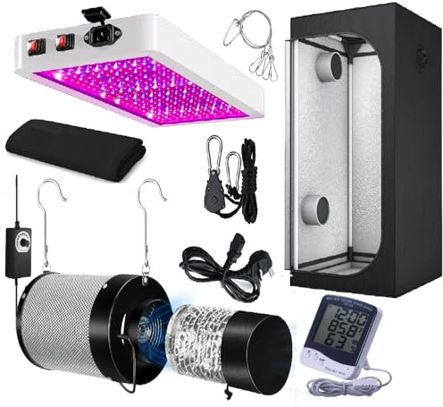 Indoor Grow Tent Kit, Full Spectrum LED Light, Carbon Filter System, 4-Piece Complete Setup with Thermohygrometer (80 x 80 x 160 cm)