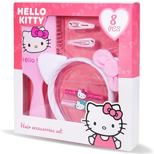 Hello Kitty - Hair Accessory Set (8 Pieces: Brush, Headband, Clips, Elastics) - Girl Gift Box