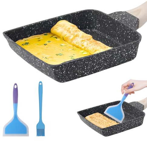BORDEAG Poele Omelette Japonaise, Poêle a Omelette, Poele Rectangulaire Japonaise, avec Poignée Amovible Compatible, avec Spatule En Silicone Et Pinceau a Huile, 18 X 15 cm