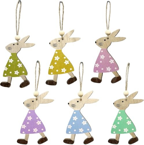 XYTAHDM Coniglietto Decorativo da Appendere, 6 Pezzi Decorazioni pasquali in Legno, Ciondoli per Albero di Pasqua, Coniglietto Pasquale