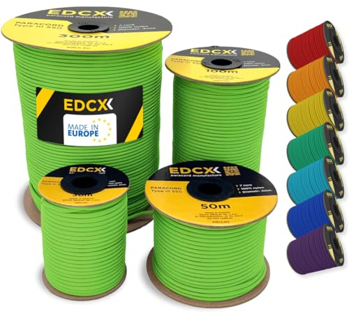 EDCX 4mm Nylon Paracord 550 15, 30, 50, 100 and 300m (50-1000ft) | Ideal for Camping, Survival, Outdoor, Crafting, DIY | 100% Nylon Rope 4mm | Paracord 550 Type III in Solid Colors