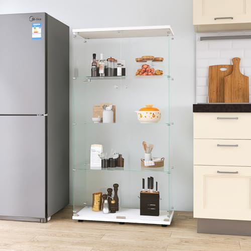 LSFYYDS Vitrine aus Glas mit 4 Etagen, 125,2 × 80,5 × 36,3 cm, modern mit 2 Türen und Schlössern, Vitrine für Geschäft und Sammlung (Weiß, 4 Etagen 2 Türen)