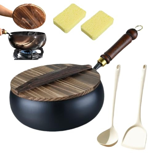 Japanische Eisenpfanne, Handgeschmiedete Antihaftbeschichtete Eisenpfanne Ohne Beschichtung Langlebig und Rostfrei, Eisenpfanne Geschmiedet mit Holzdeckel zum Kochen, Braten (Deckel aus Holz, 24cm)