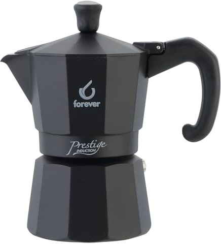 FOREVER Caffettiera Moka per Induzione, Miss Moka Prestige Induction 'All Black', Caffettiera Moka per Casa, Caffettiera Portatile per Viaggio, inclusa Guarnizione in Silicone (3 Tazze)