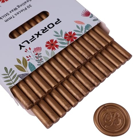 30 Stück 7mm Siegel Wachs Sticks für Klebepistole, PORXFLY Mini-Siegelwachsstäbe, ideal für Karten, Umschläge, Hochzeitseinladungen, Geschenkverpackungen, Weinpakete (Bronze)