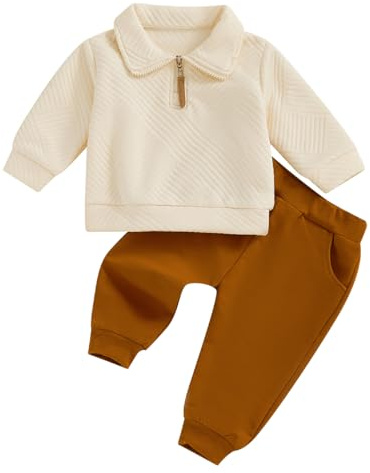 LUVCES Ensemble Vêtements pour Tout-petits Garçon Fermeture éclair Sweatshirt col Rabattu+ Pantalon avec Poches Tenues d'automne Hiver abricot 6-12 Mois