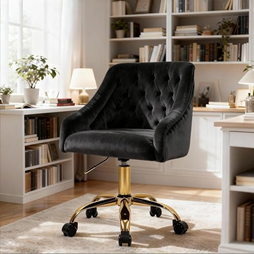 Fiximaster Homeoffice Bürostuhl aus Samt, ergonomischer Schreibtischstuhl höhenverstellbar, Drehstuhl mit Rollen & goldenen Beinen, moderner Schminktischstuhl für Arbeitszimmer (Schwarz)