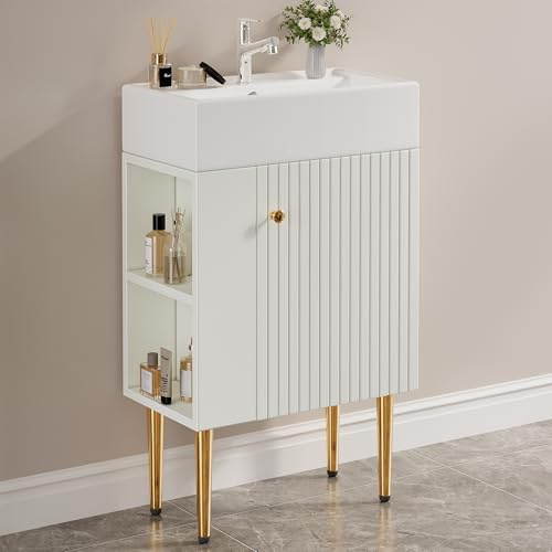 TIZZ Mueble de baño de 55 cm, lavabo con armario para lavabo, pequeño mueble de baño para invitados, color blanco