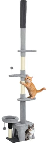 PawHut Árbol Gatos Suelo-Techo 4 Niveles 89-100 Gatitos Interior | Torre gatos altura ajustable, rascador, condo, cama, perchas, pelota colgante