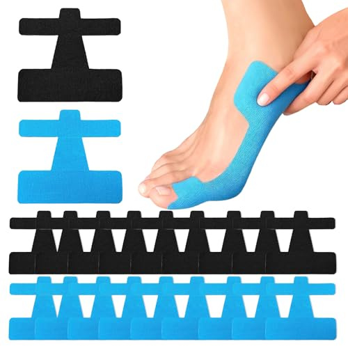 CUVZOR - 20 cintas de kinesiología para juanetes, precortadas para dedos de los pies y pies, apoyo eficaz y alivio del dolor de juanetes (negro + azul)